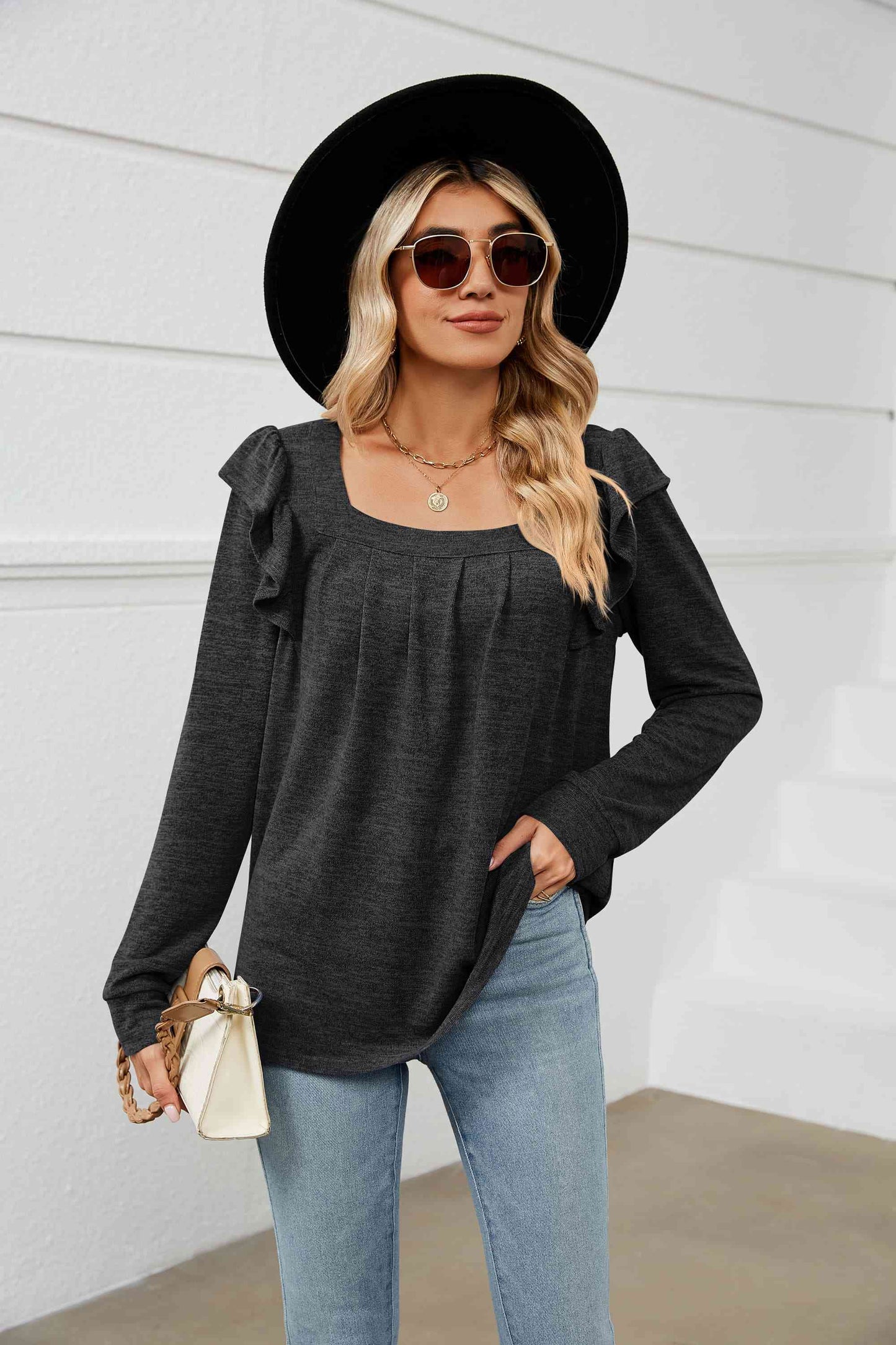 swvws Square Neck Ruffle Shoulder Long Sleeve T-Shirt