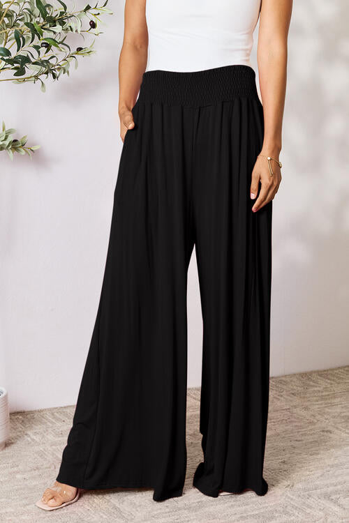 swvws Double Take Full Size Smocked Wide Waistband Wide Leg Pants