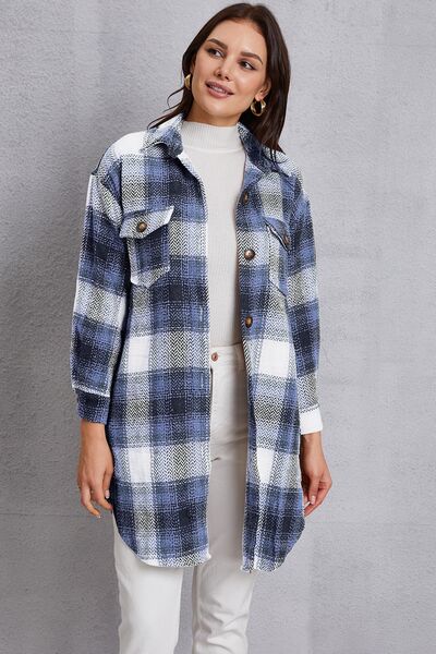 swvws Plaid Button Up Dropped Shoulder Coat with Pockets