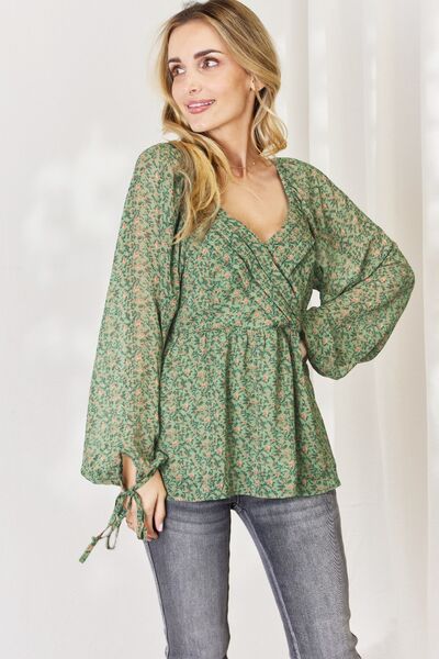 swvws HEYSON Full Size Floral Surplice Peplum Blouse