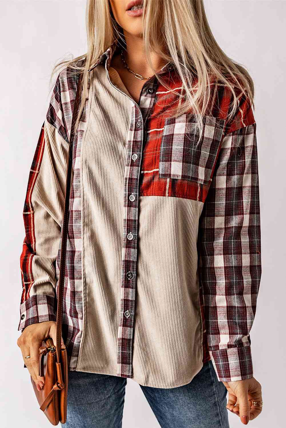 swvws Plaid Collared Neck Buttoned Shirt with Pocket