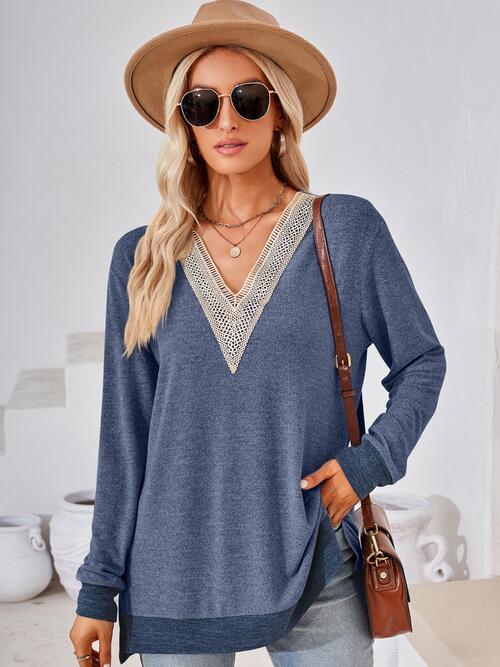 swvws Crochet Contrast V-Neck Long Sleeve Slit T-Shirt