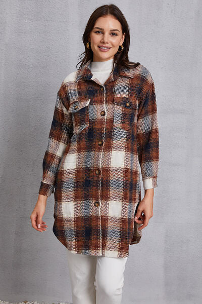 swvws Plaid Button Up Dropped Shoulder Coat with Pockets