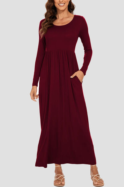 swvws Round Neck Long Sleeve Pocketed Maxi Dress