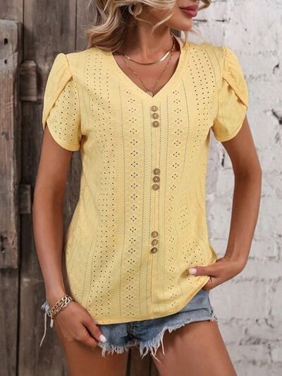 swvws Eyelet V-Neck Petal Sleeve T-Shirt