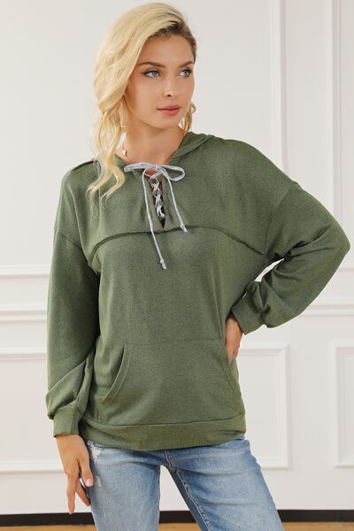 swvws Lace-Up Exposed Seam Hoodie with Pocket