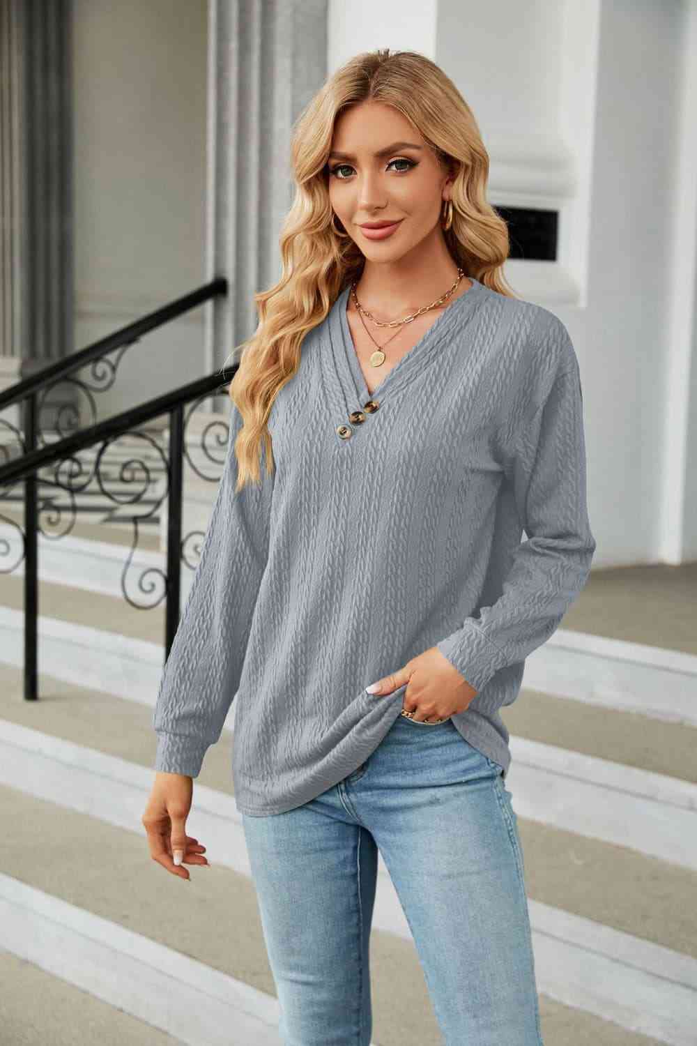 swvws Decorative Button V-Neck Long Sleeve T-Shirt