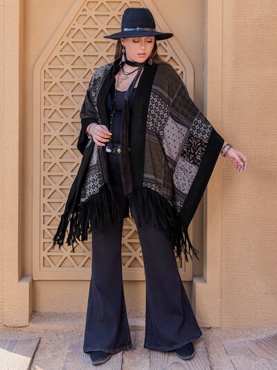 swvws Plus Size Printed Fringe Open Front Outerwear