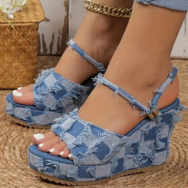 swvws - Light Blue Casual Patchwork Fish Mouth Out Door Wedges Shoes