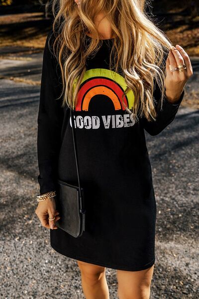 swvws GOOD VIBES Round Neck Long Sleeve Dress