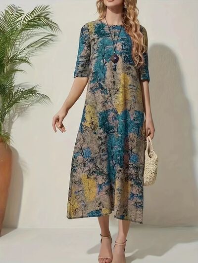 swvws Full Size Printed Half Sleeve Midi Dress