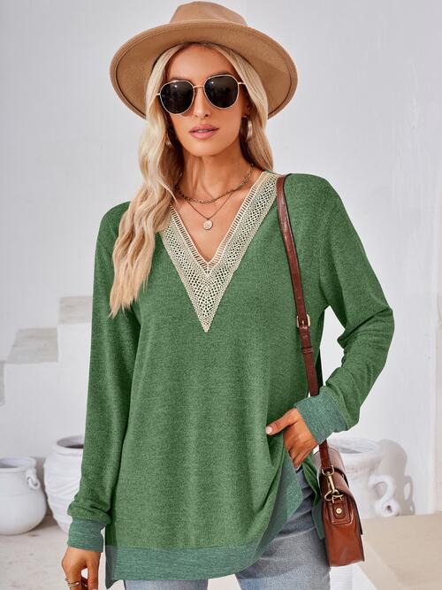 swvws Crochet Contrast V-Neck Long Sleeve Slit T-Shirt