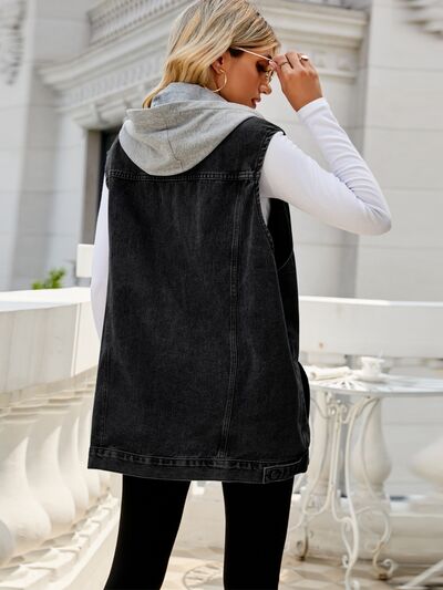 swvws Drawstring Pocketed Button Up Sleeveless Denim Jacket