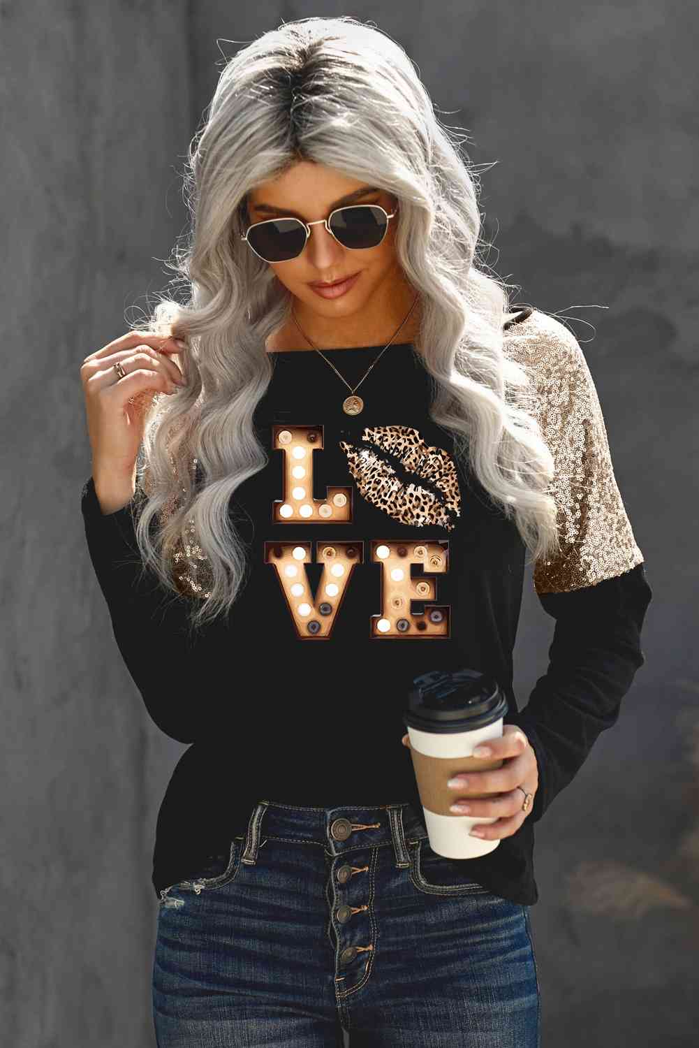 swvws LOVE Graphic Sequin Long Sleeve T-Shirt