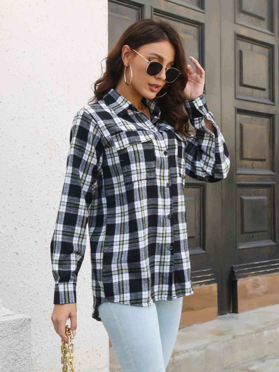 swvws Plaid Collared Neck Buttoned Shirt with Pockets