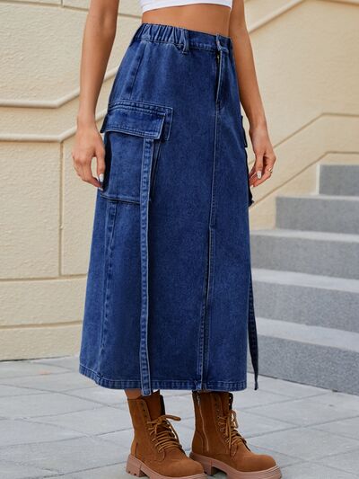 swvws Slit Pocketed High Waist Denim Skirt