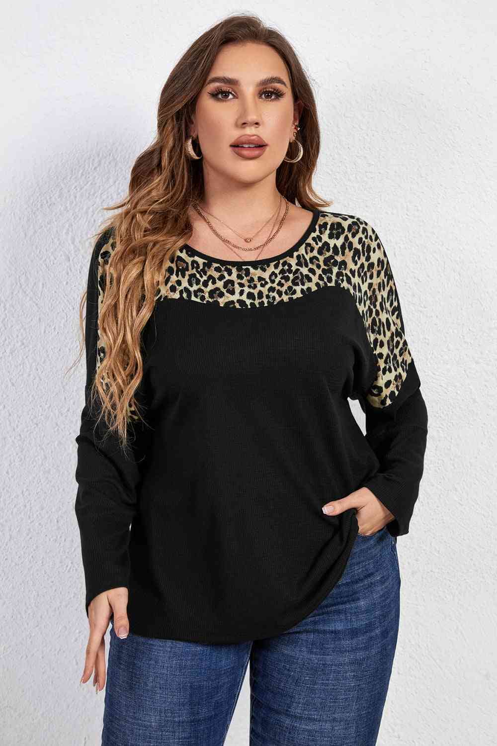 swvws Melo Apparel Plus Size Leopard Trim Round Neck Long Sleeve Tee