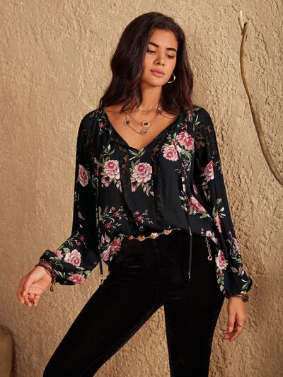 swvws Flower Printed Tie Neck Long Sleeve Blouse