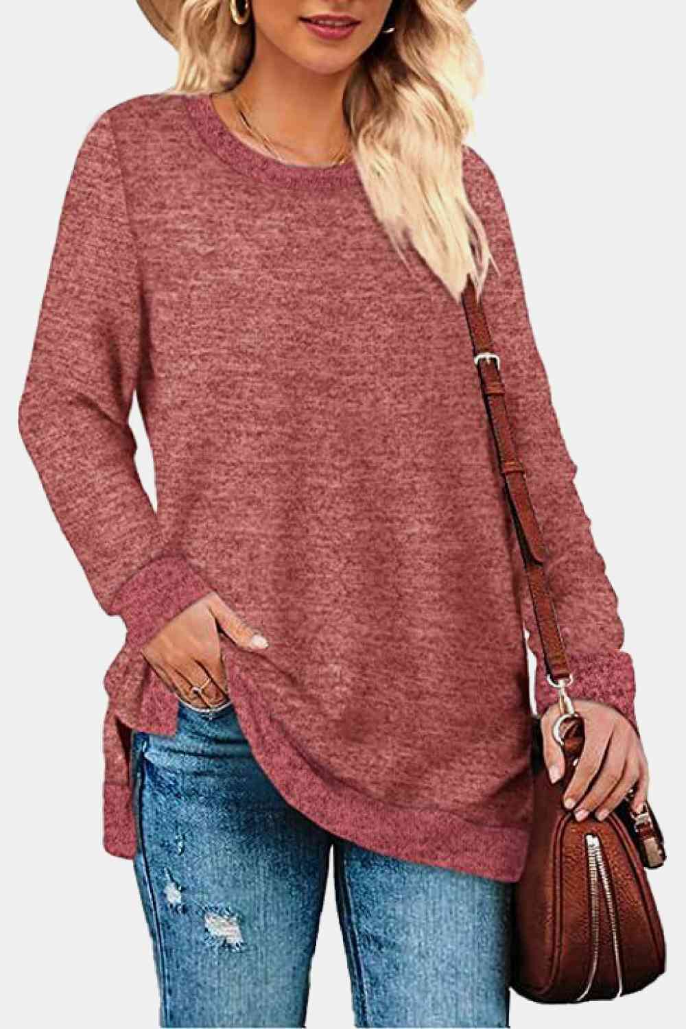 swvws Round Neck Long Sleeve Slit T-Shirt