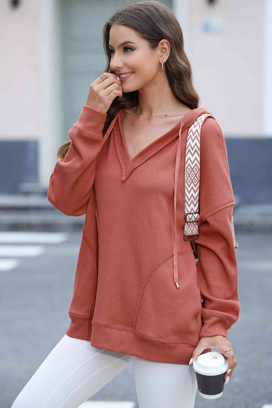 swvws Exposed Seam V-Neck Drawstring Hoodie