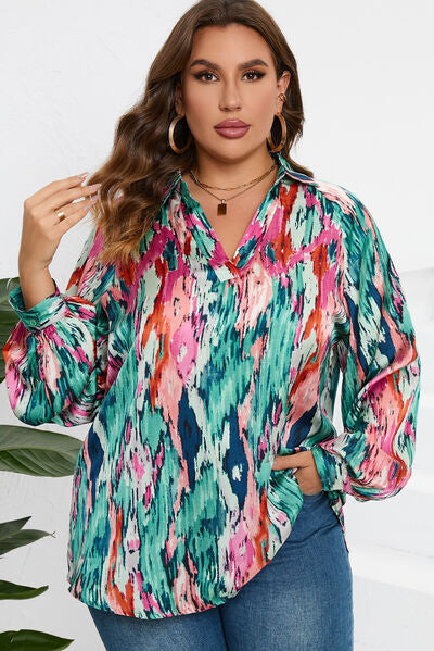 swvws Plus Size Printed Johnny Collar Long Sleeve Blouse