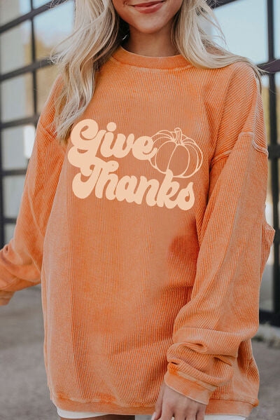 swvws GIVE THANKS Ribbed Round Neck Sweatshirt