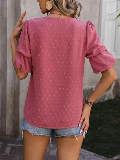 swvws Swiss Dot V-Neck Short Sleeve Blouse