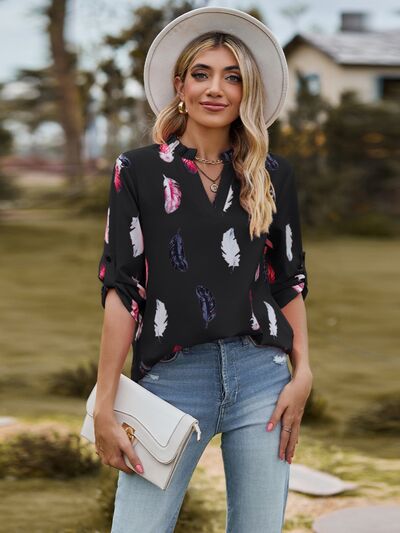 swvws Printed Frill Notched Roll-Tab Sleeve Blouse