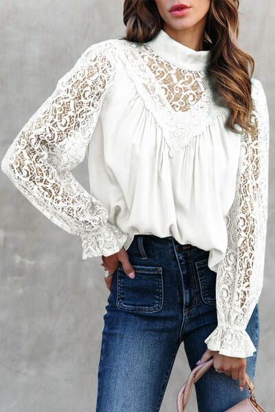 swvws Lace Detail Mock Neck Flounce Sleeve Blouse