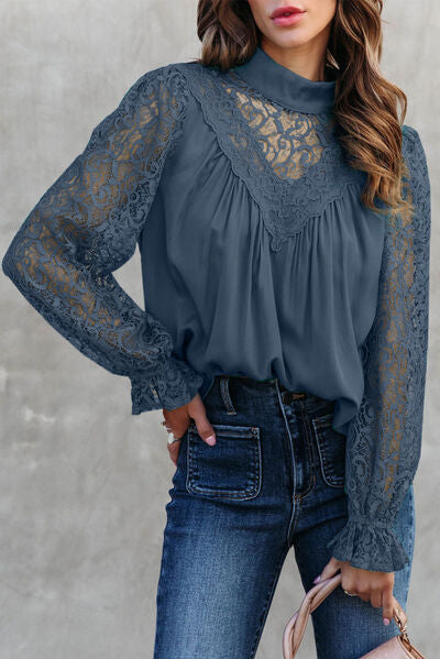 swvws Lace Detail Mock Neck Flounce Sleeve Blouse