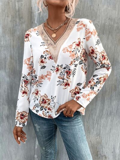 swvws Printed V-Neck Long Sleeve Blouse