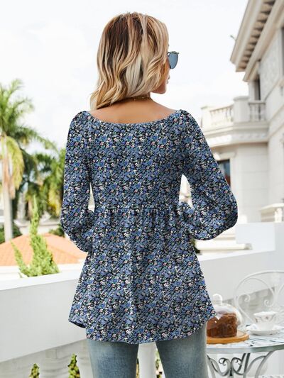 swvws Printed Scoop Neck Lantern Sleeve Blouse