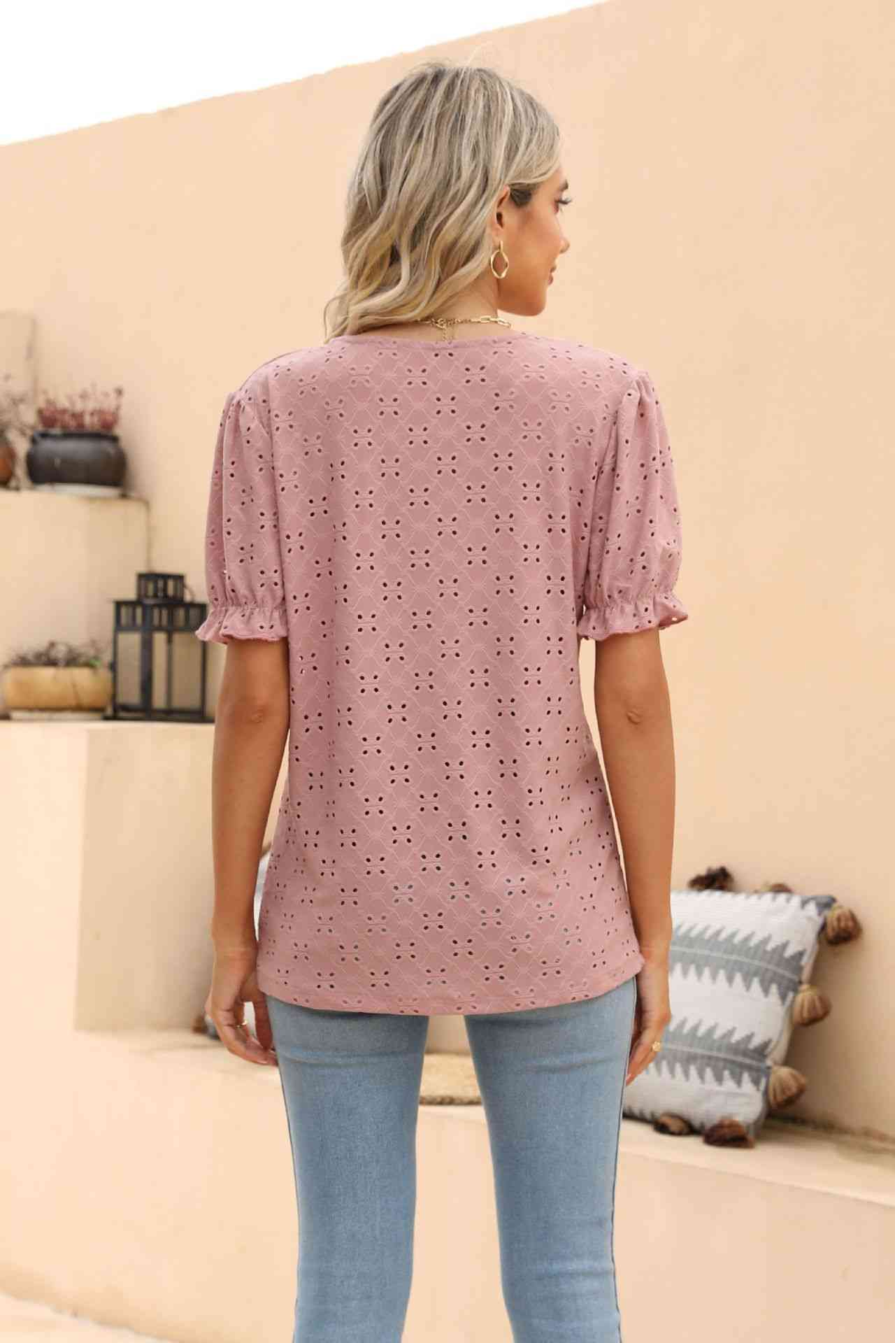 swvws Openwork Round Neck Flounce Sleeve T-Shirt