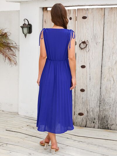 swvws Pleated V-Neck Sleeveless Midi Dress