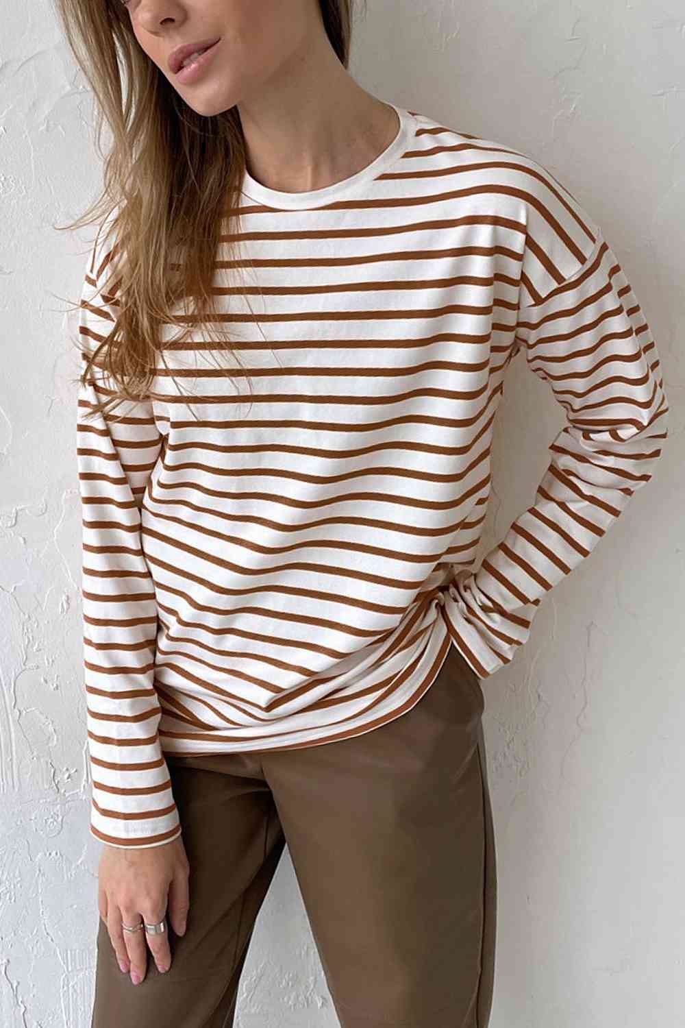 swvws Round Neck Striped Dropped Shoulder T-Shirt