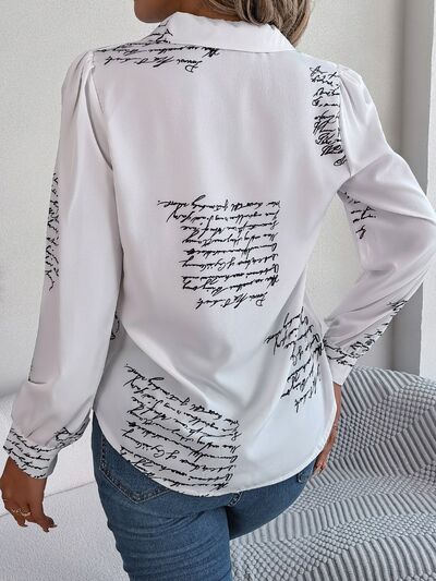 swvws Letter Printed Button Up Long Sleeve Blouse