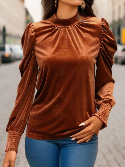 swvws Tied Mock Neck Puff Sleeve Blouse