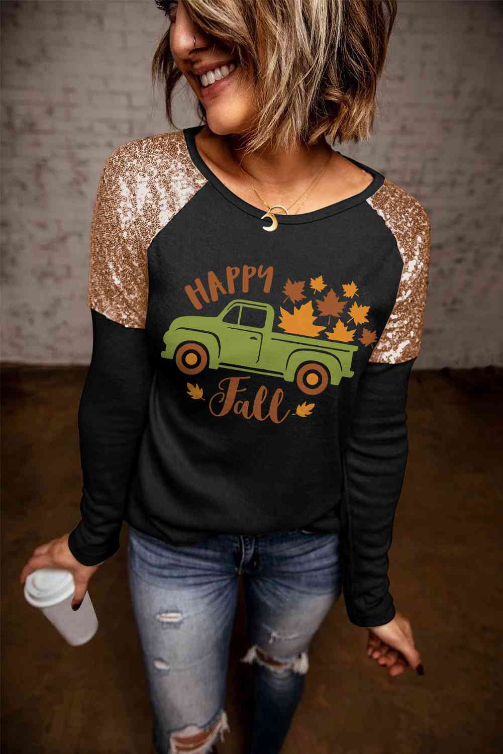 swvws HAPPY FALL Graphic Sequin T-Shirt