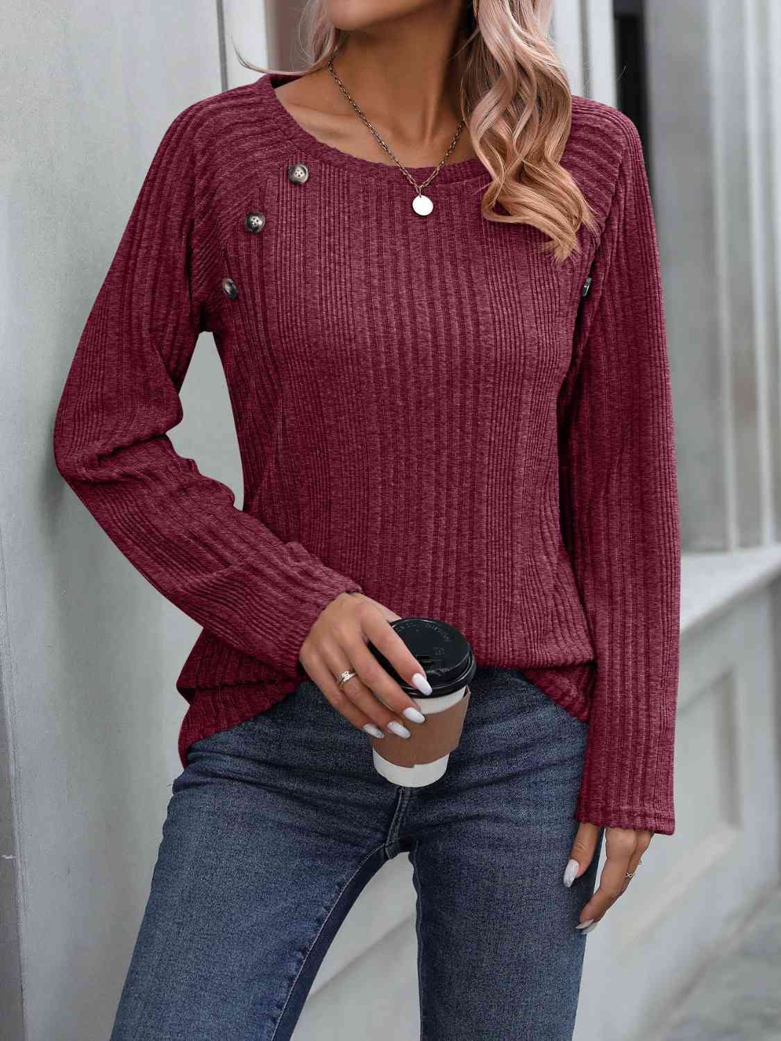 swvws Ribbed Buttoned Round Neck Long Sleeve T-Shirt