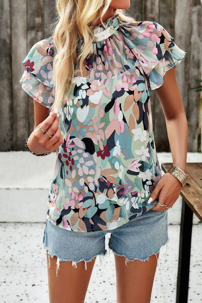 swvws Printed Ruffled Mock Neck Blouse