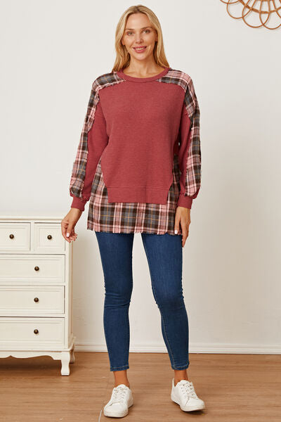 swvws Plaid Round Neck Dropped Shoulder Sweatshirt