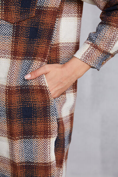 swvws Plaid Button Up Dropped Shoulder Coat with Pockets