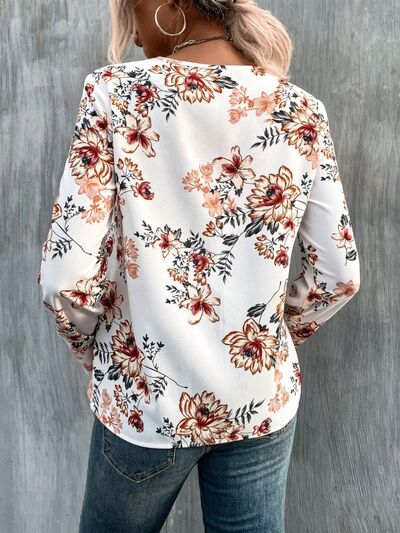 swvws Printed V-Neck Long Sleeve Blouse