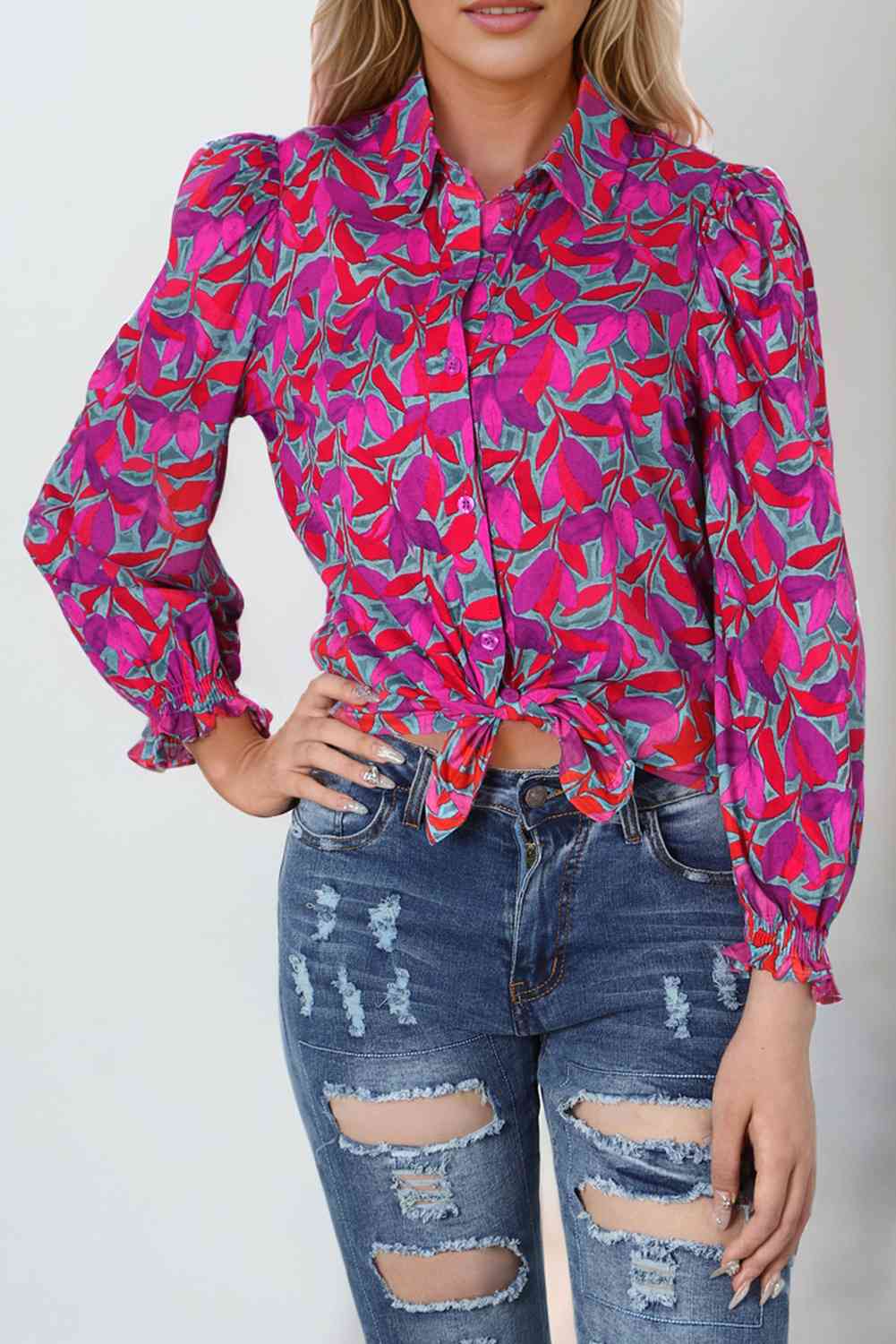 swvws Printed Collared Neck Long Sleeve Shirt