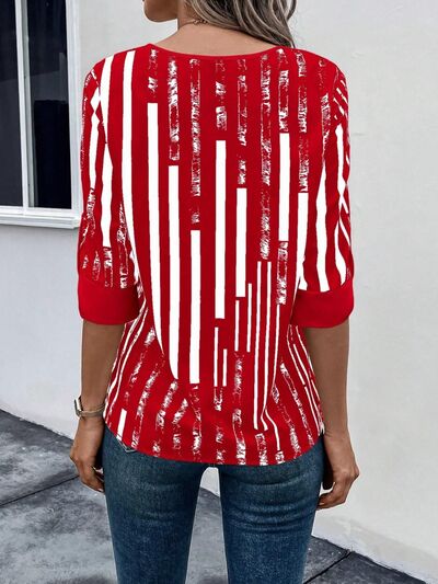 swvws Striped Notched Half Sleeve Blouse