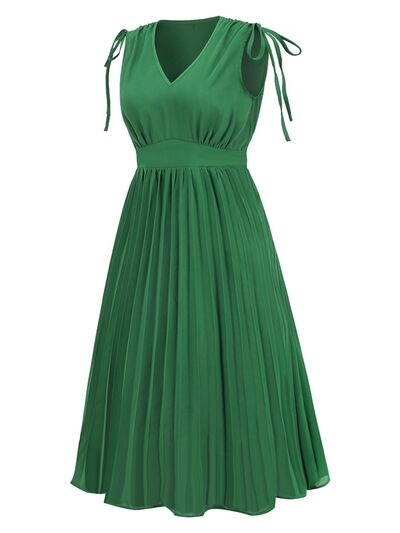 swvws Pleated V-Neck Sleeveless Midi Dress