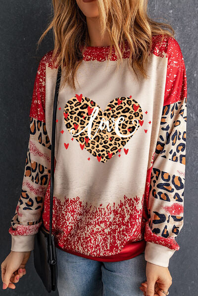 swvws LOVE Heart Leopard Round Neck Sweatshirt