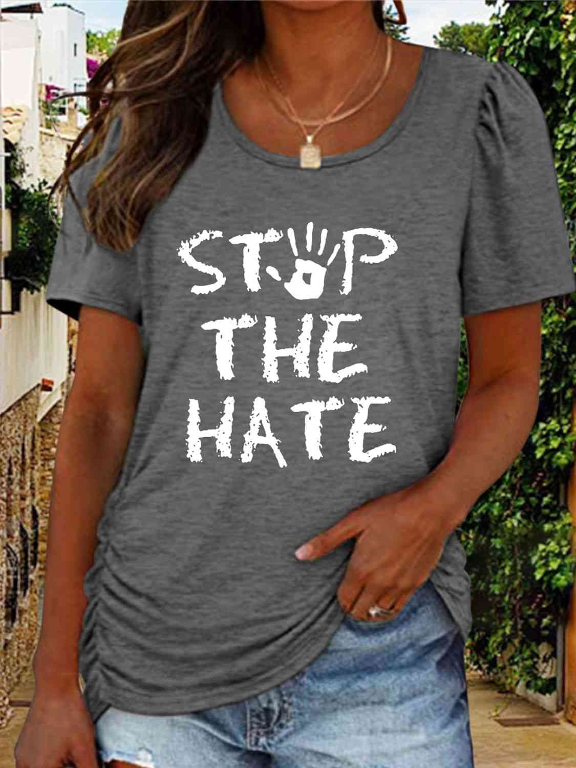 swvws Round Neck Short Sleeve STOP THE HATE Graphic T-Shirt