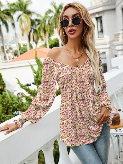 swvws Printed Scoop Neck Lantern Sleeve Blouse