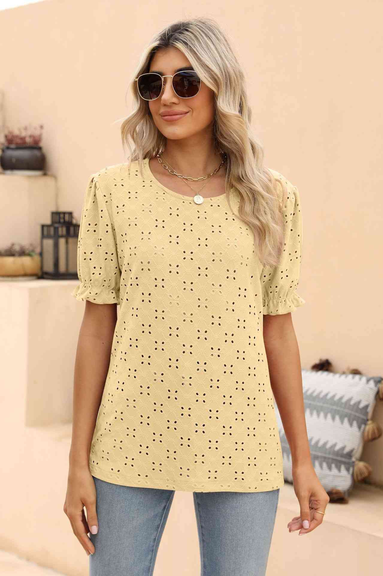 swvws Openwork Round Neck Flounce Sleeve T-Shirt